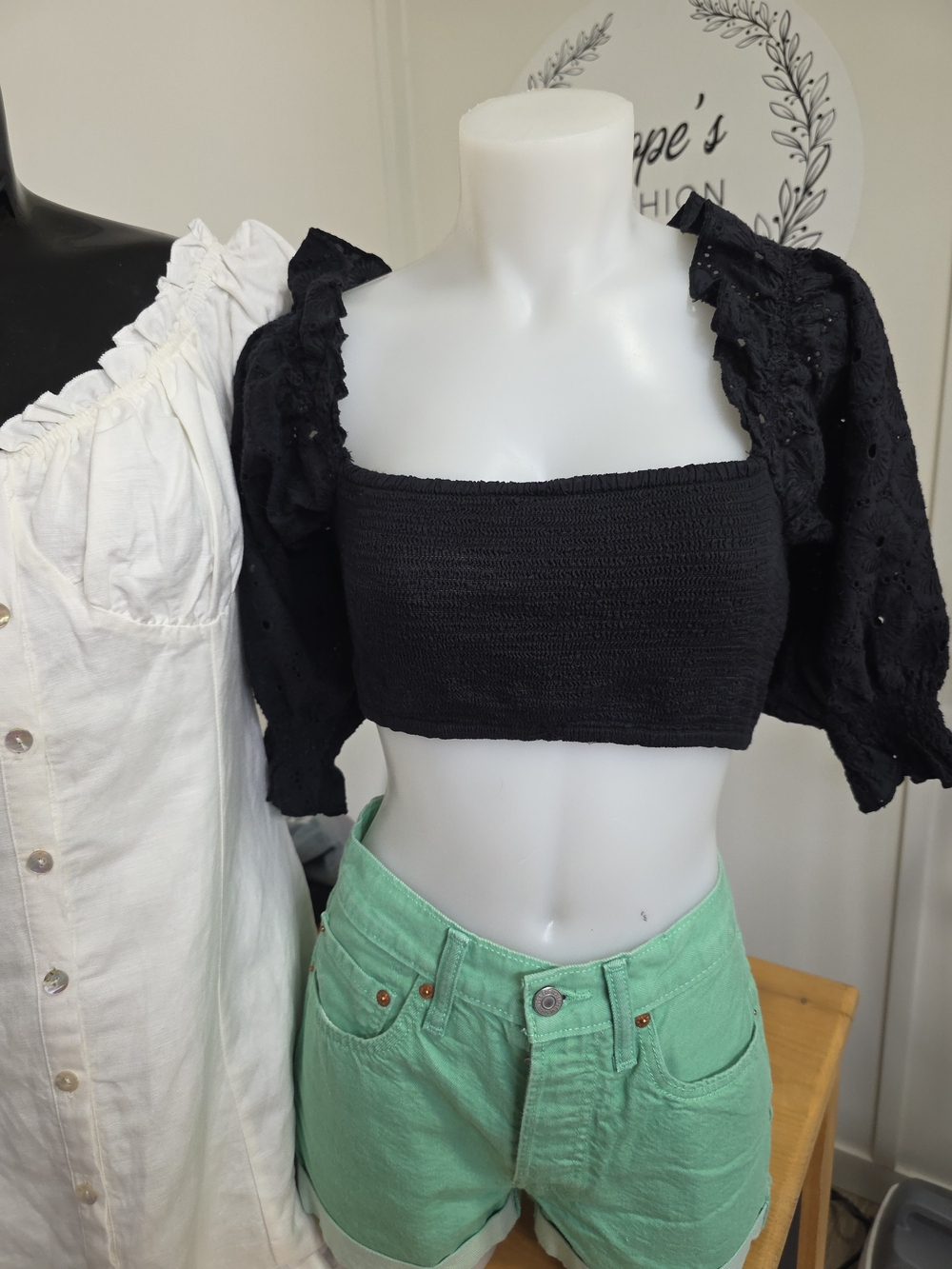 Urban Outfitters Black Smocked Square Neck Crop Top with Puff Sleeves